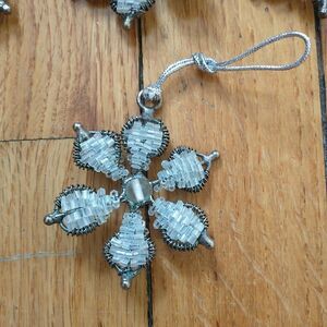 Vtg Hand Beaded Snowflakes Ornament Hanging White Christmas Decorations Lot Of 7